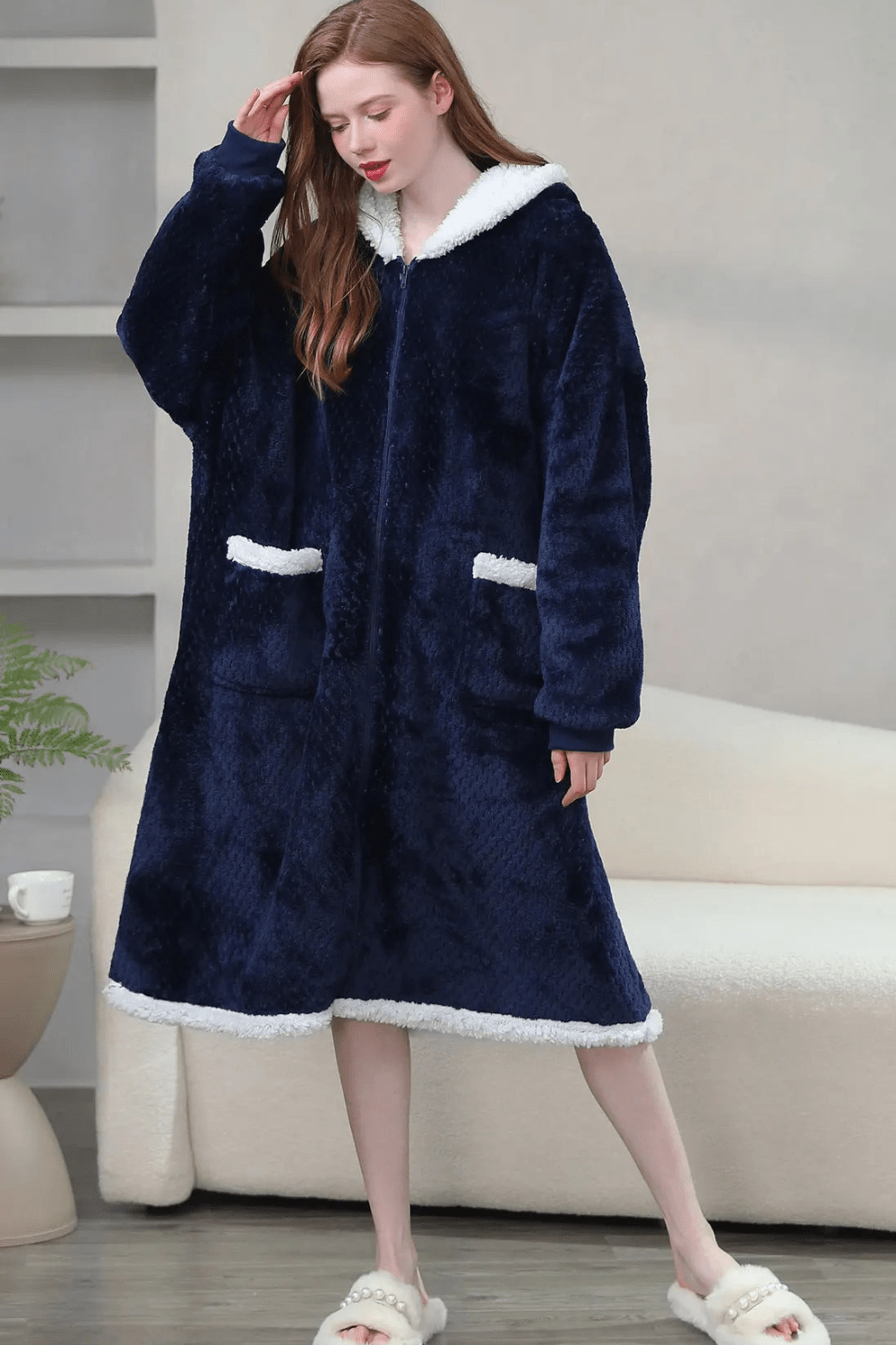 Robe De Chambre Polaire Femme Bleu Marine Peignoir Polaire Zippé