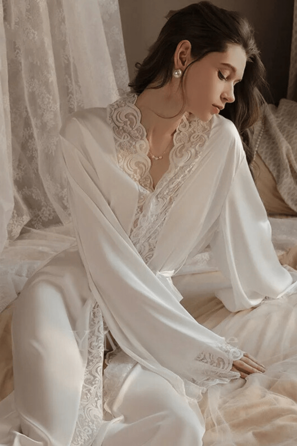 Peignoir Satin | Long Blanc / XL