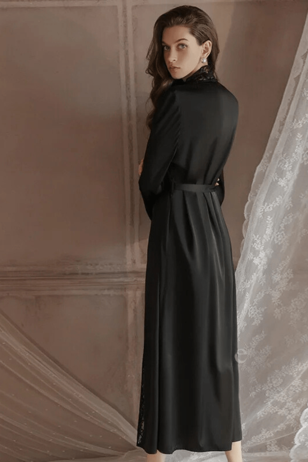 Peignoir Satin | Long Noir / XL