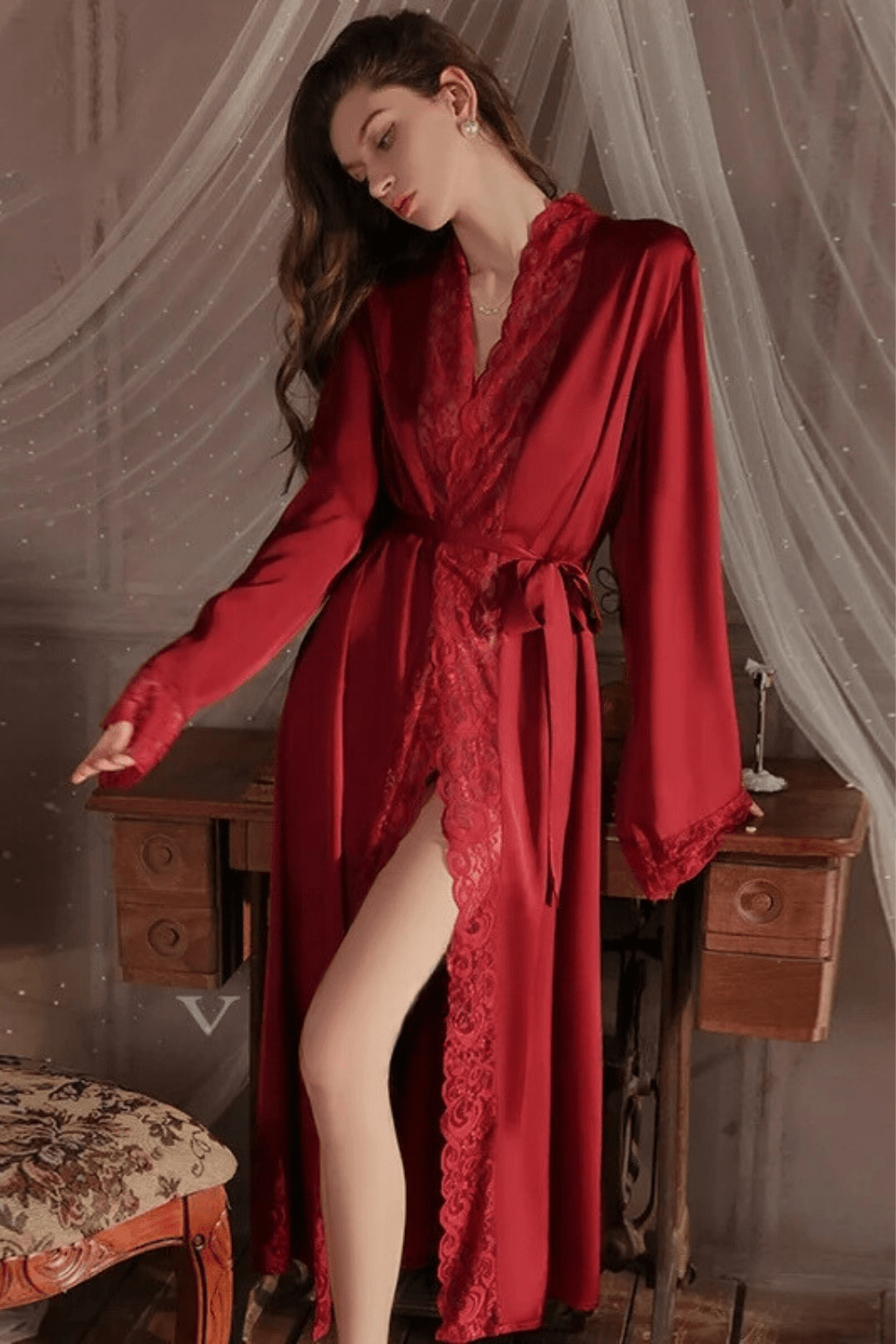 Peignoir Satin | Long Rouge / XL